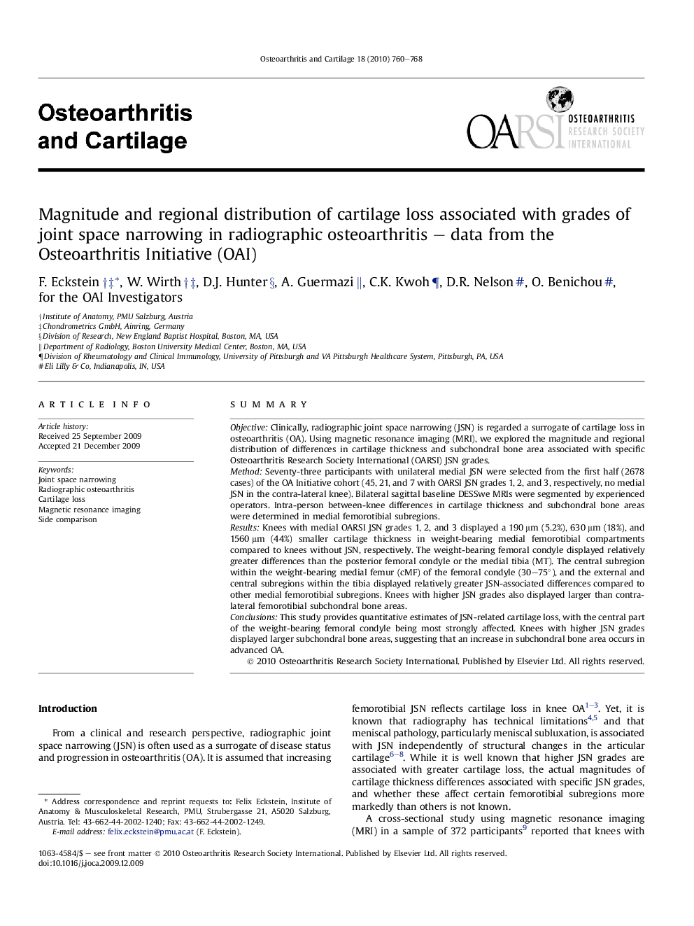 Magnitude and regional distribution of cartilage loss associated with grades of joint space narrowing in radiographic osteoarthritis – data from the Osteoarthritis Initiative (OAI)