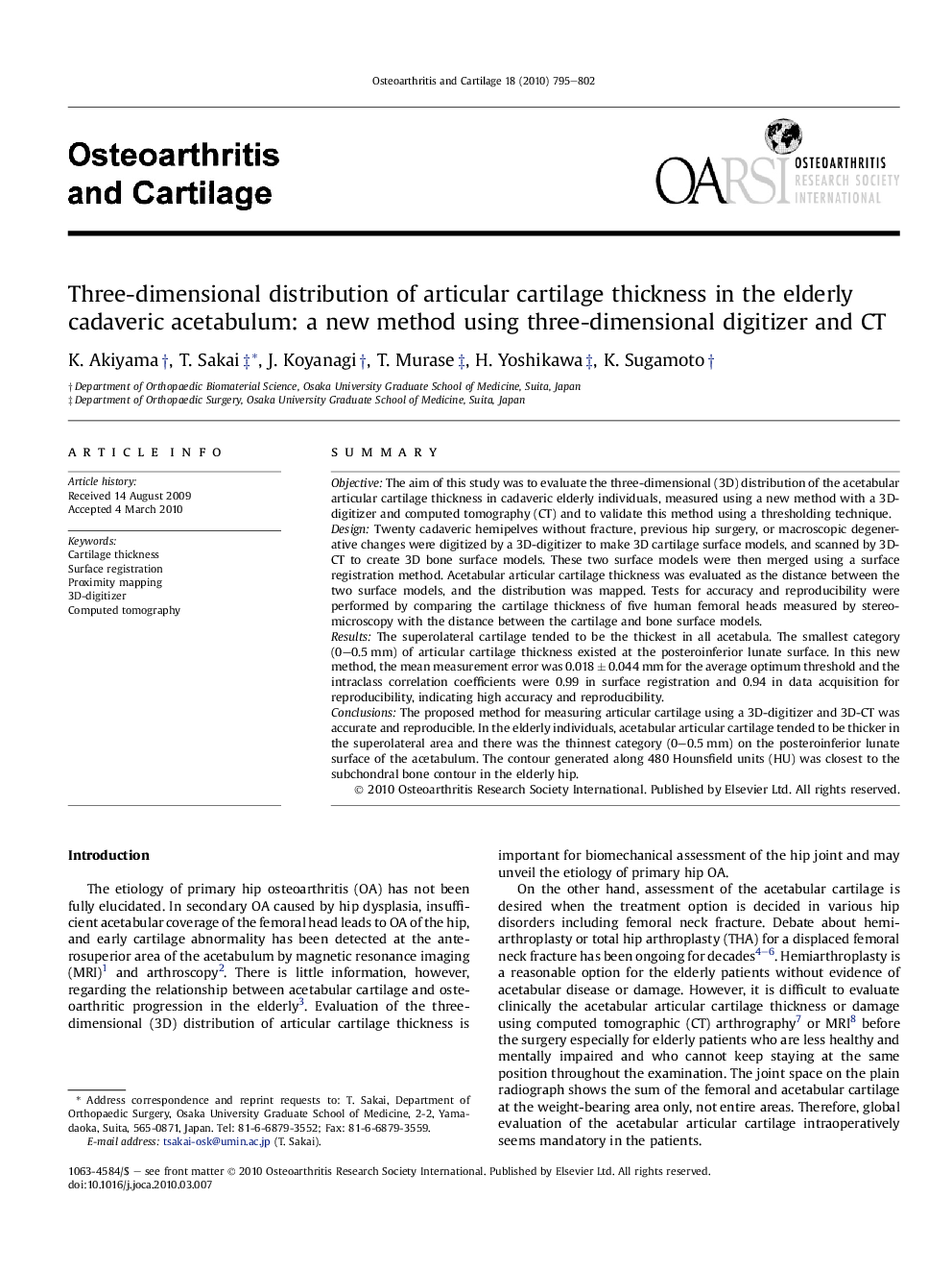 Three-dimensional distribution of articular cartilage thickness in the elderly cadaveric acetabulum: a new method using three-dimensional digitizer and CT