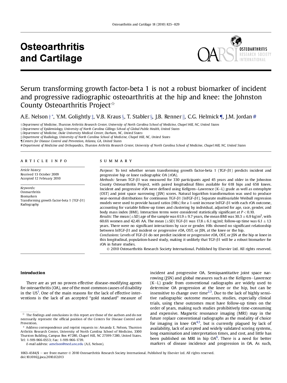 Serum transforming growth factor-beta 1 is not a robust biomarker of incident and progressive radiographic osteoarthritis at the hip and knee: the Johnston County Osteoarthritis Project 