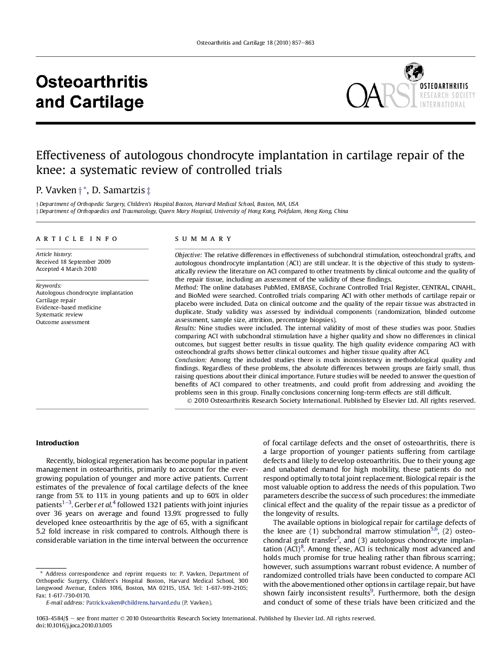 Effectiveness of autologous chondrocyte implantation in cartilage repair of the knee: a systematic review of controlled trials