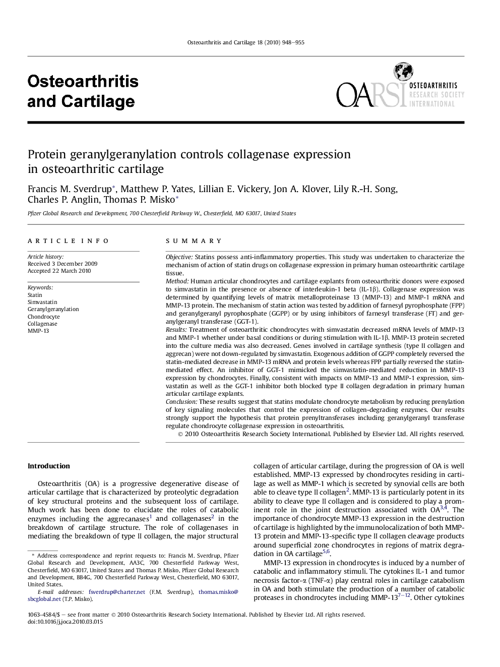 Protein geranylgeranylation controls collagenase expression in osteoarthritic cartilage