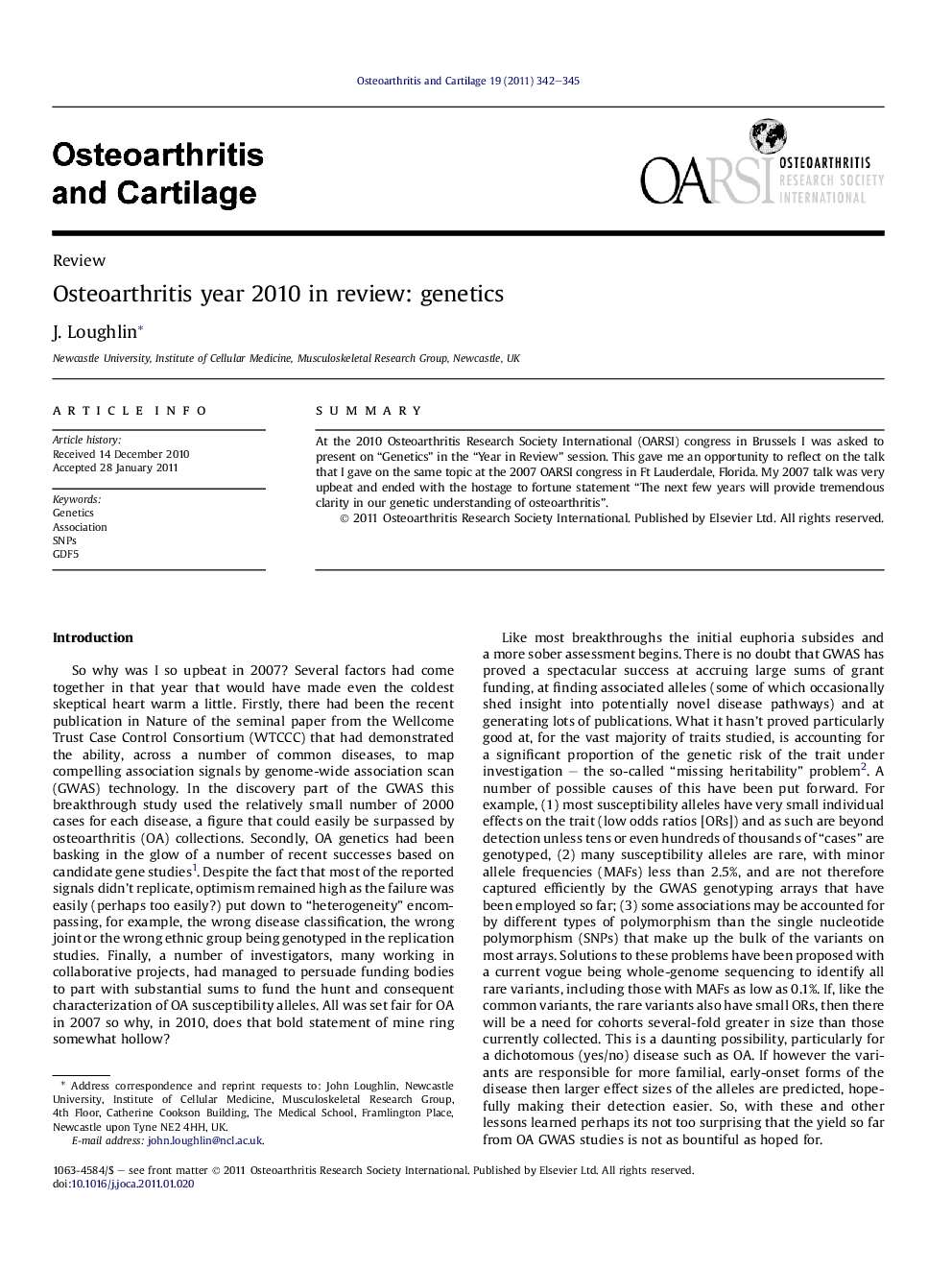 Osteoarthritis year 2010 in review: genetics