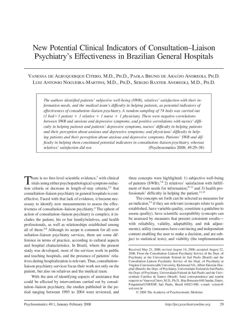 New Potential Clinical Indicators of Consultation–Liaison Psychiatry's Effectiveness in Brazilian General Hospitals