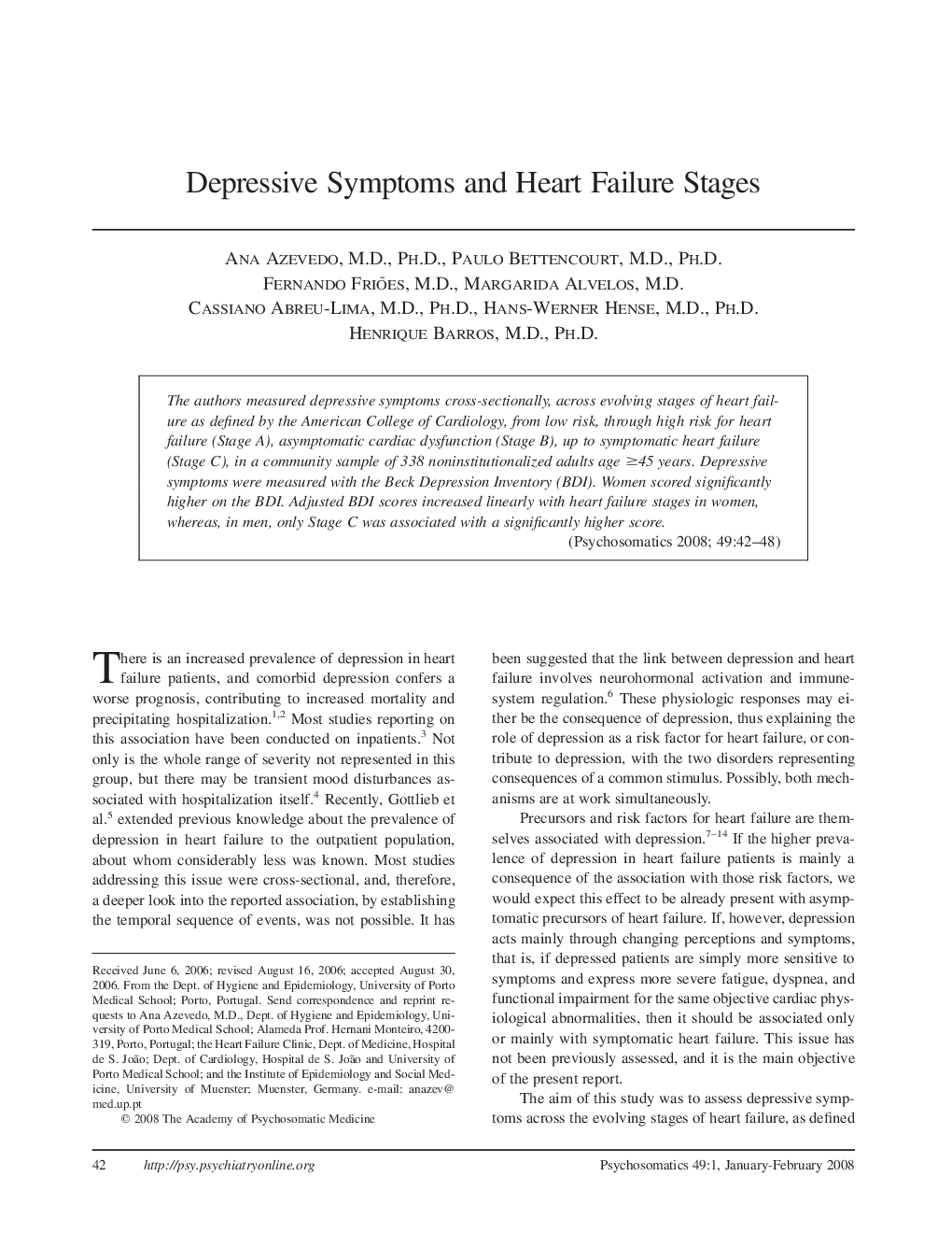 Depressive Symptoms and Heart Failure Stages