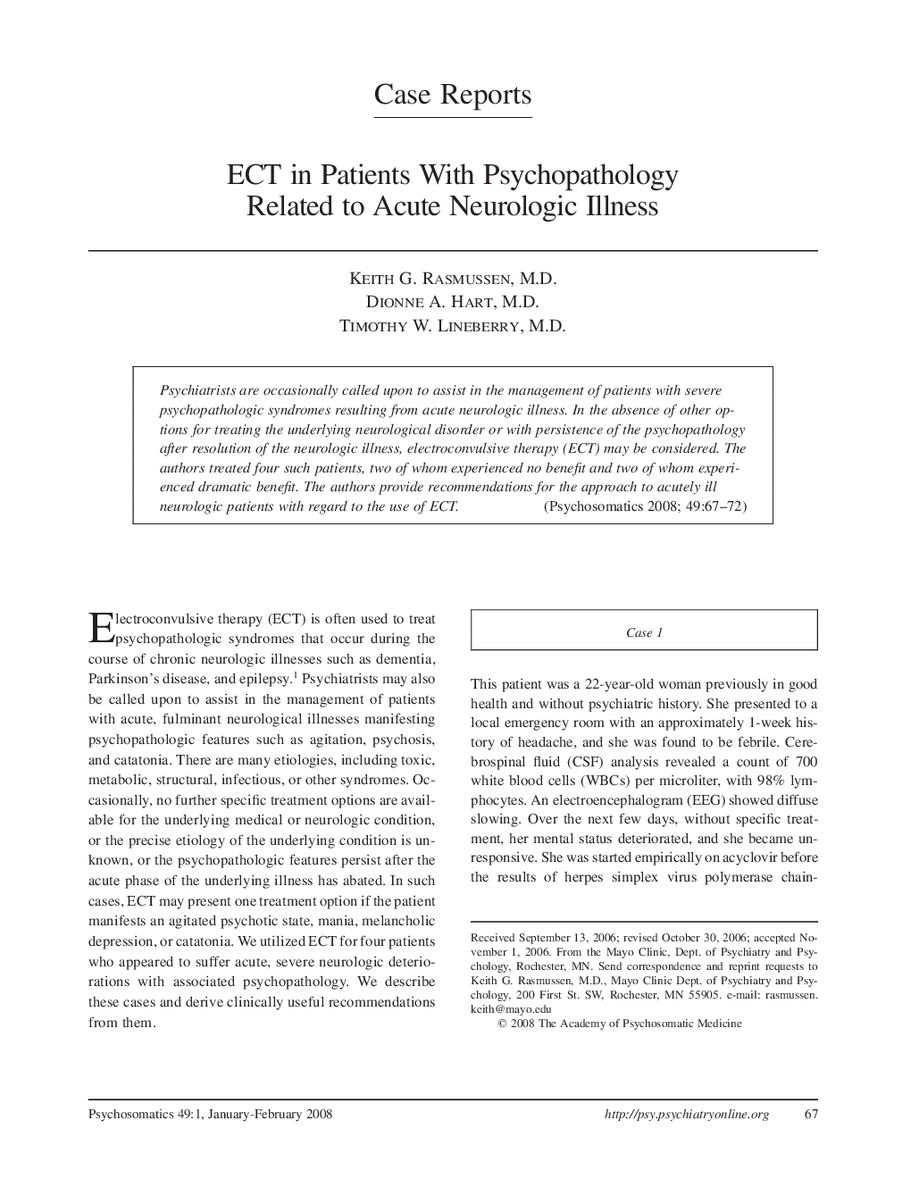 ECT in Patients With Psychopathology Related to Acute Neurologic Illness