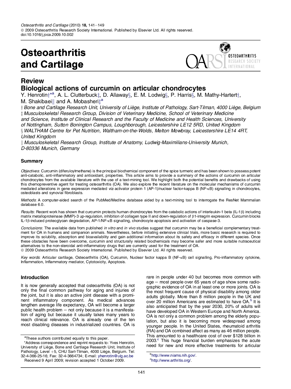 Biological actions of curcumin on articular chondrocytes