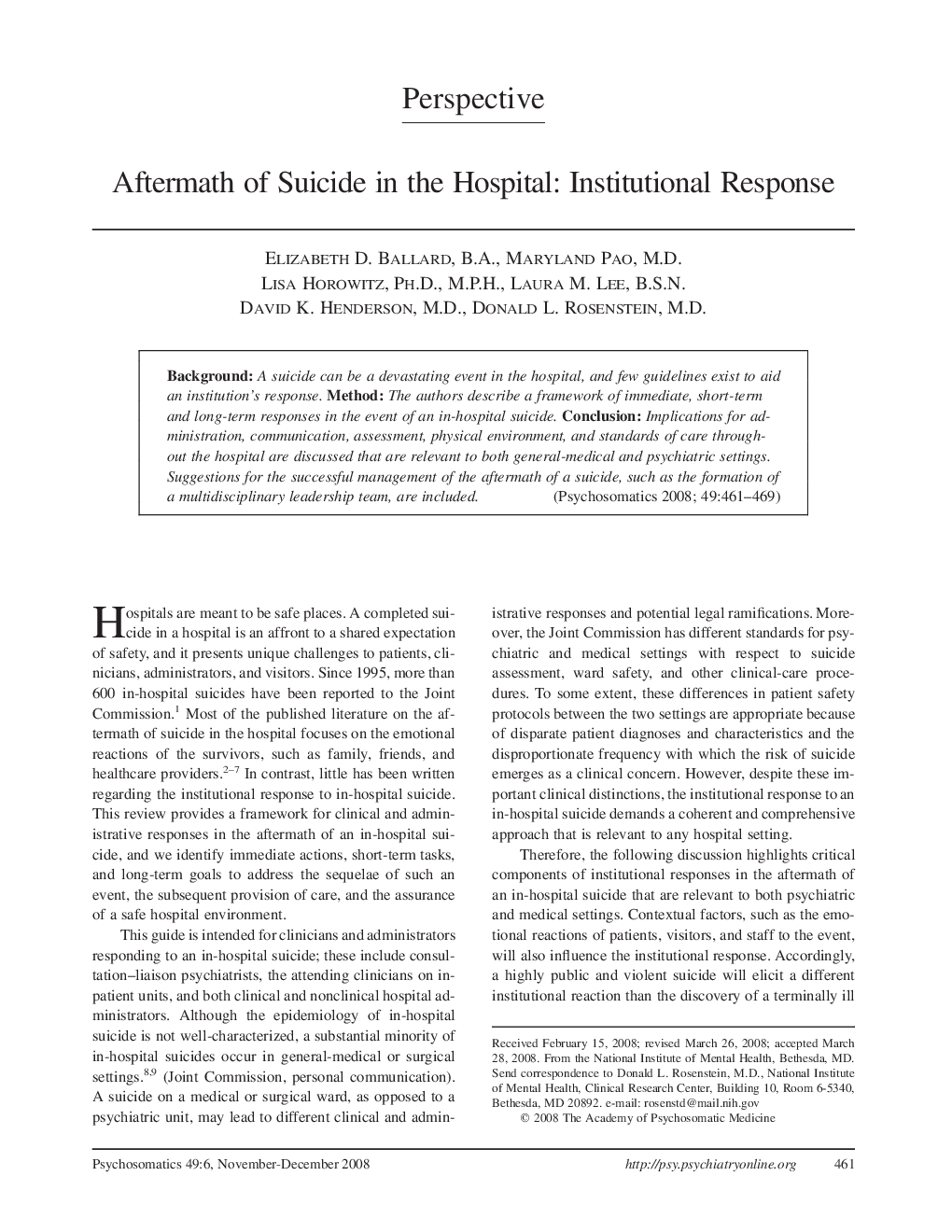 Aftermath of Suicide in the Hospital: Institutional Response