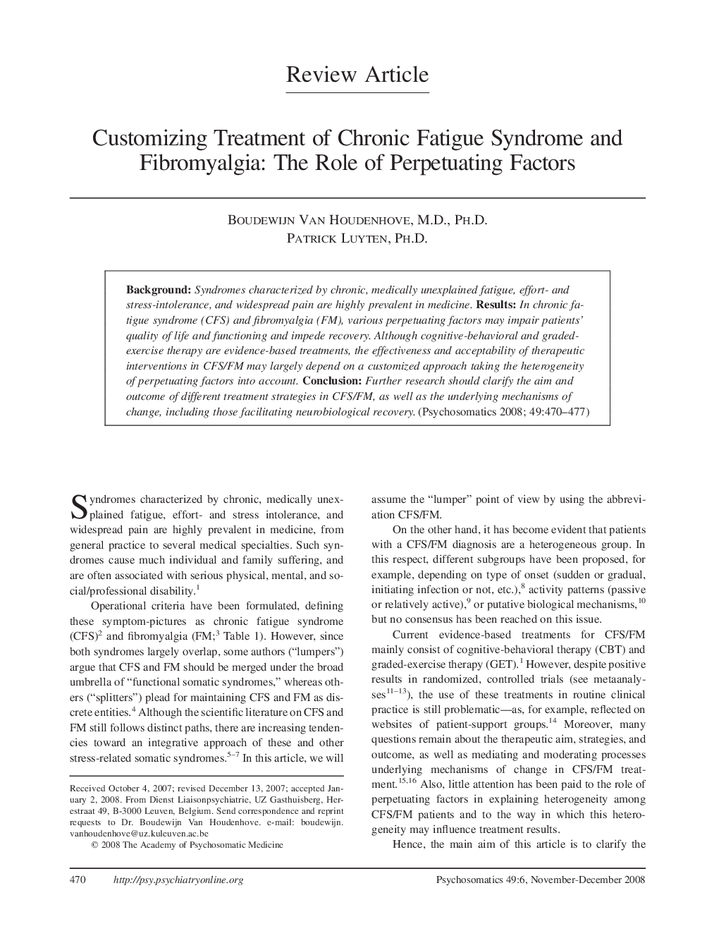 Customizing Treatment of Chronic Fatigue Syndrome and Fibromyalgia: The Role of Perpetuating Factors