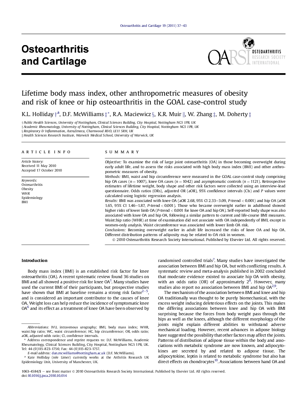 Lifetime body mass index, other anthropometric measures of obesity and risk of knee or hip osteoarthritis in the GOAL case-control study