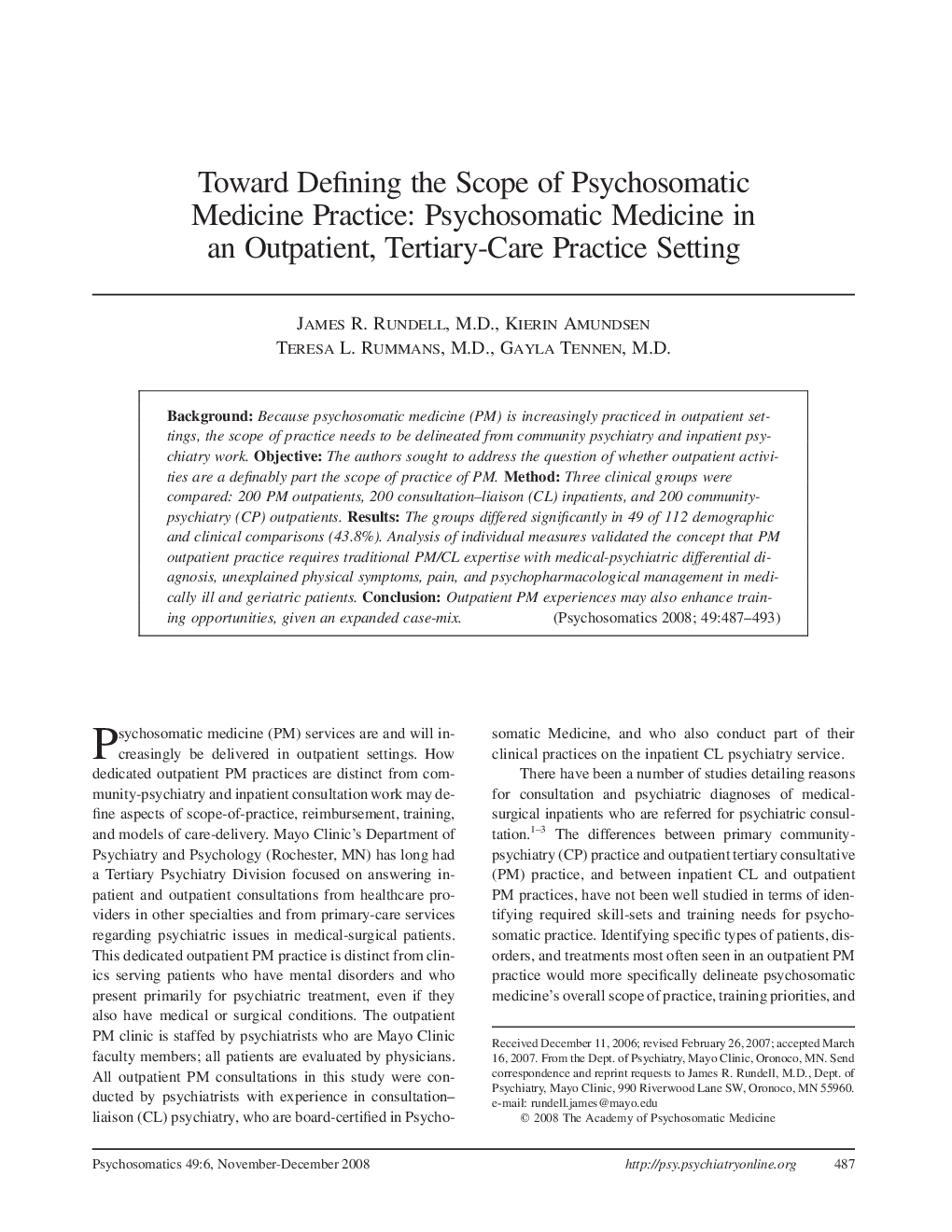 Toward Defining the Scope of Psychosomatic Medicine Practice: Psychosomatic Medicine in an Outpatient, Tertiary-Care Practice Setting