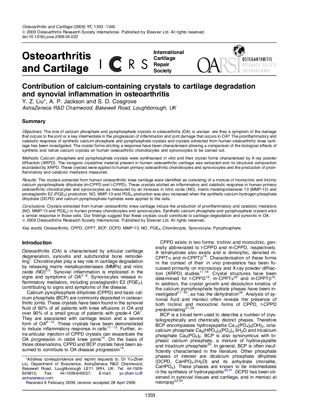 Contribution of calcium-containing crystals to cartilage degradation and synovial inflammation in osteoarthritis