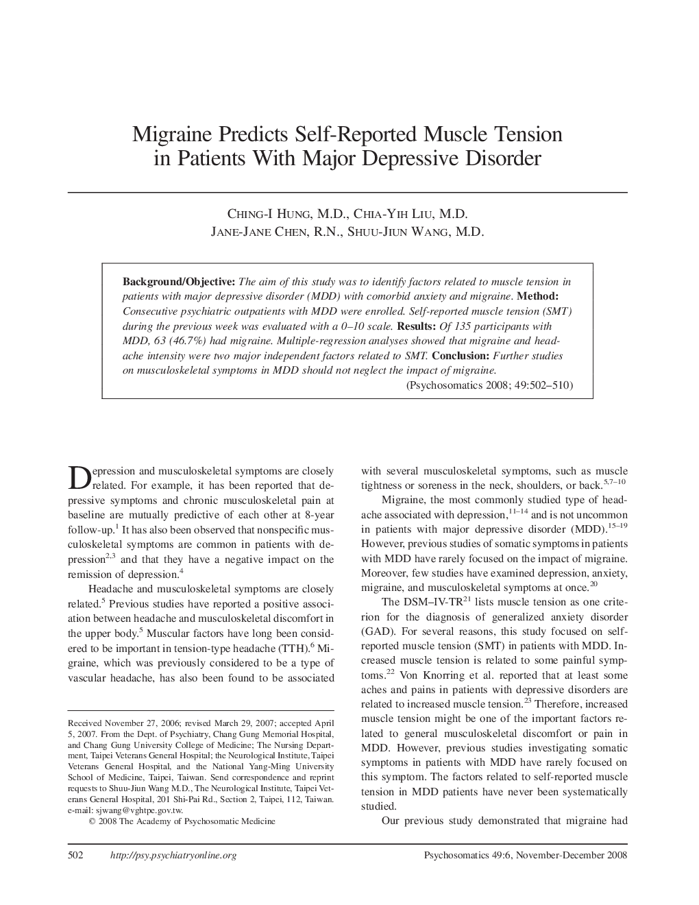 Migraine Predicts Self-Reported Muscle Tension in Patients With Major Depressive Disorder