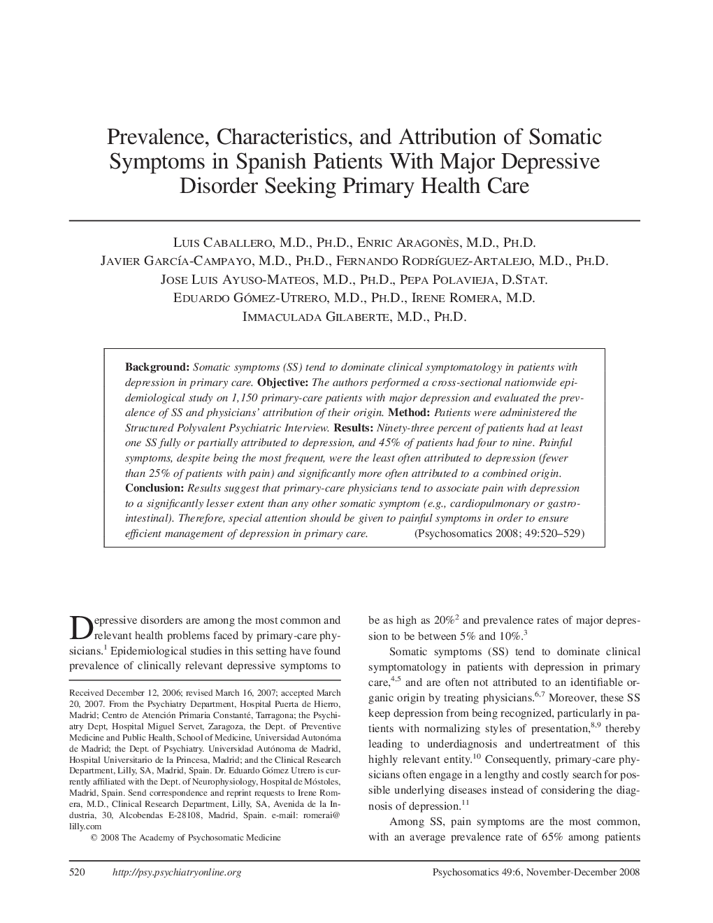 Prevalence, Characteristics, and Attribution of Somatic Symptoms in Spanish Patients With Major Depressive Disorder Seeking Primary Health Care