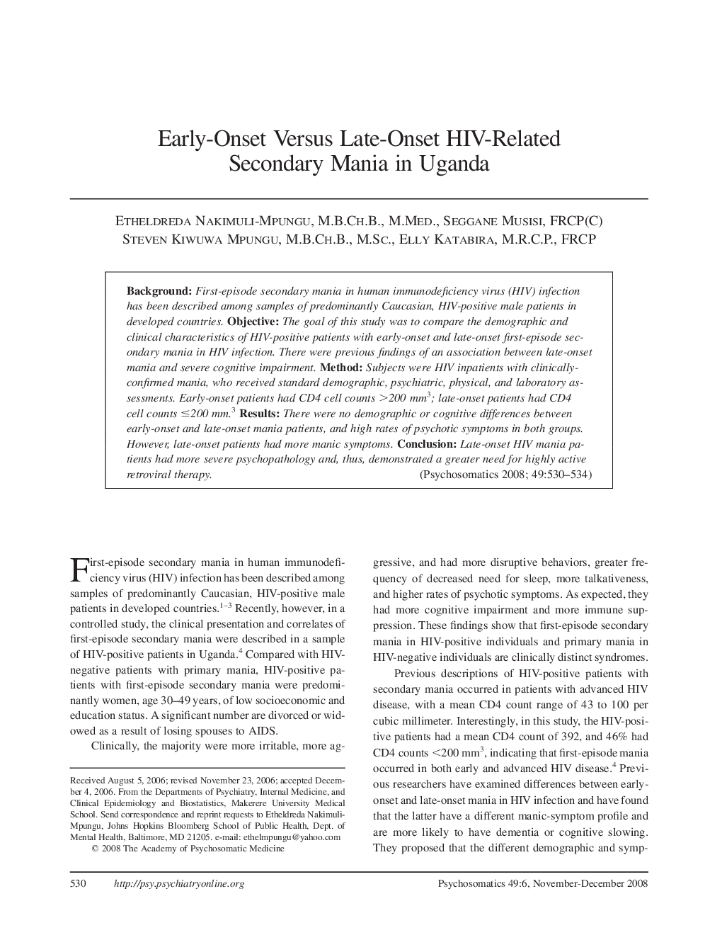 Early-Onset Versus Late-Onset HIV-Related Secondary Mania in Uganda