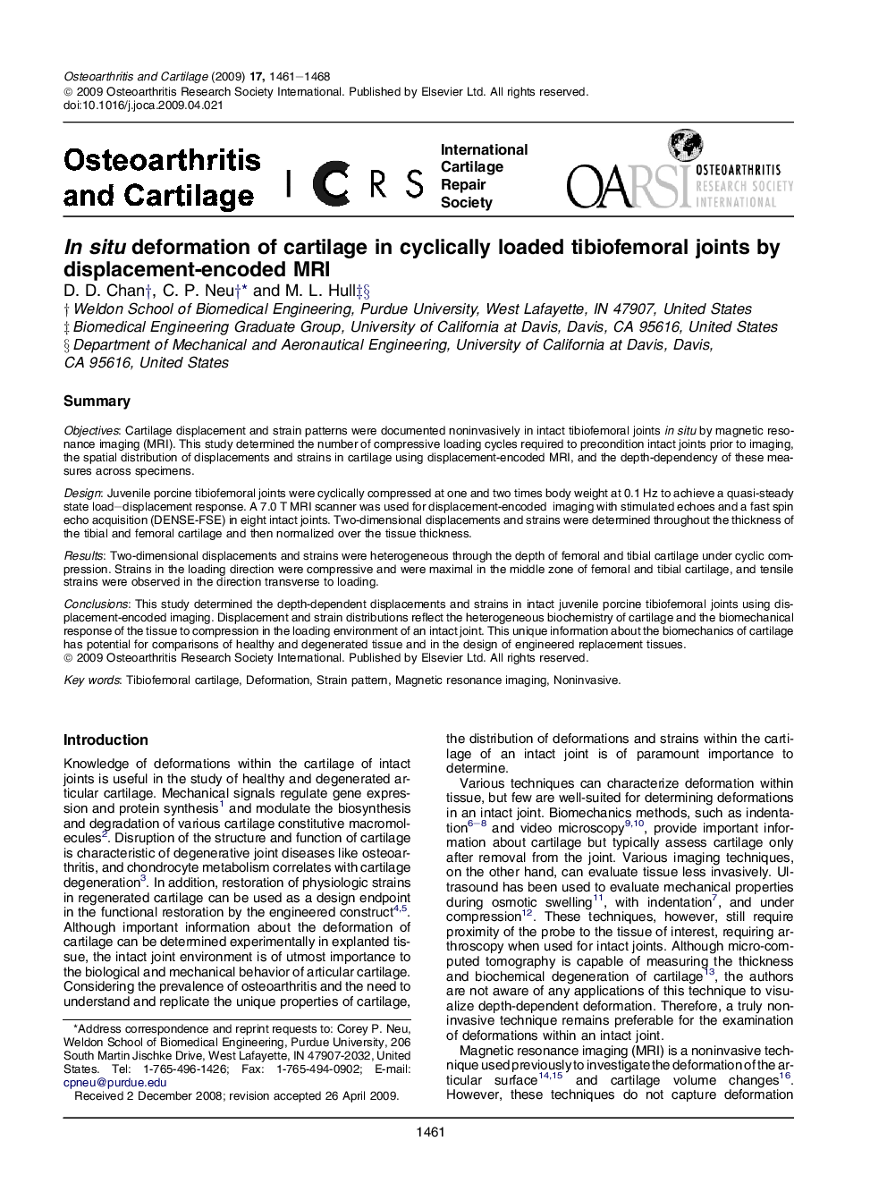 In situ deformation of cartilage in cyclically loaded tibiofemoral joints by displacement-encoded MRI