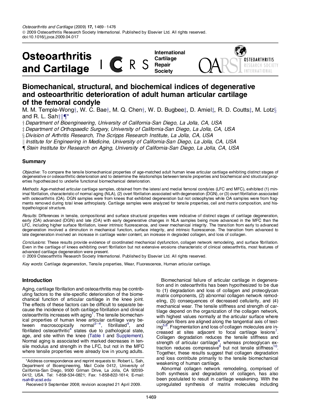 Biomechanical, structural, and biochemical indices of degenerative and osteoarthritic deterioration of adult human articular cartilage of the femoral condyle