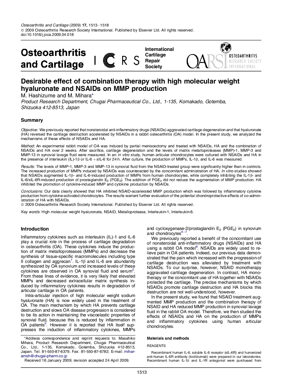 Desirable effect of combination therapy with high molecular weight hyaluronate and NSAIDs on MMP production