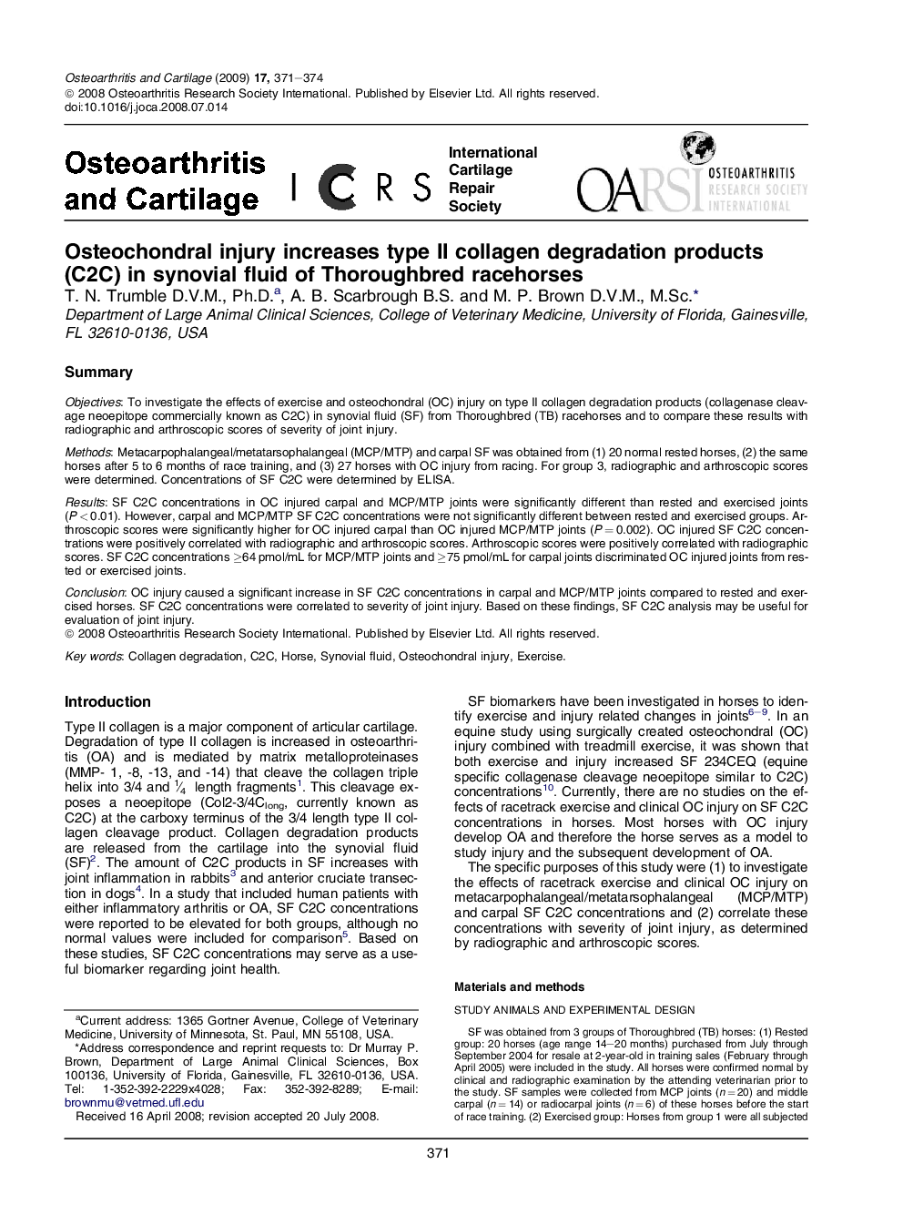 Osteochondral injury increases type II collagen degradation products (C2C) in synovial fluid of Thoroughbred racehorses