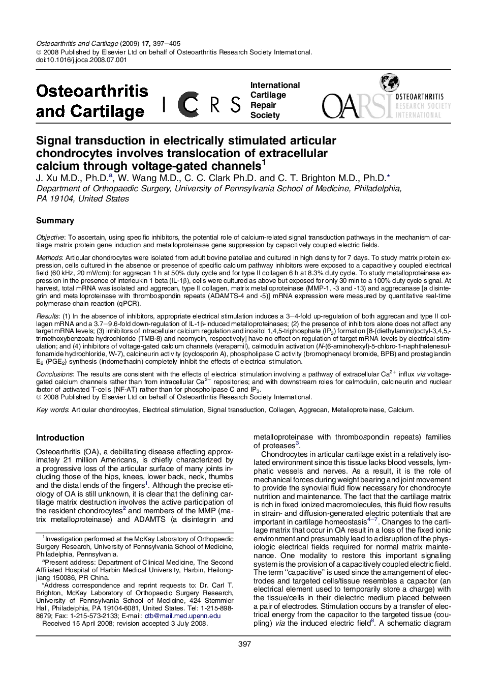 Signal transduction in electrically stimulated articular chondrocytes involves translocation of extracellular calcium through voltage-gated channels 1