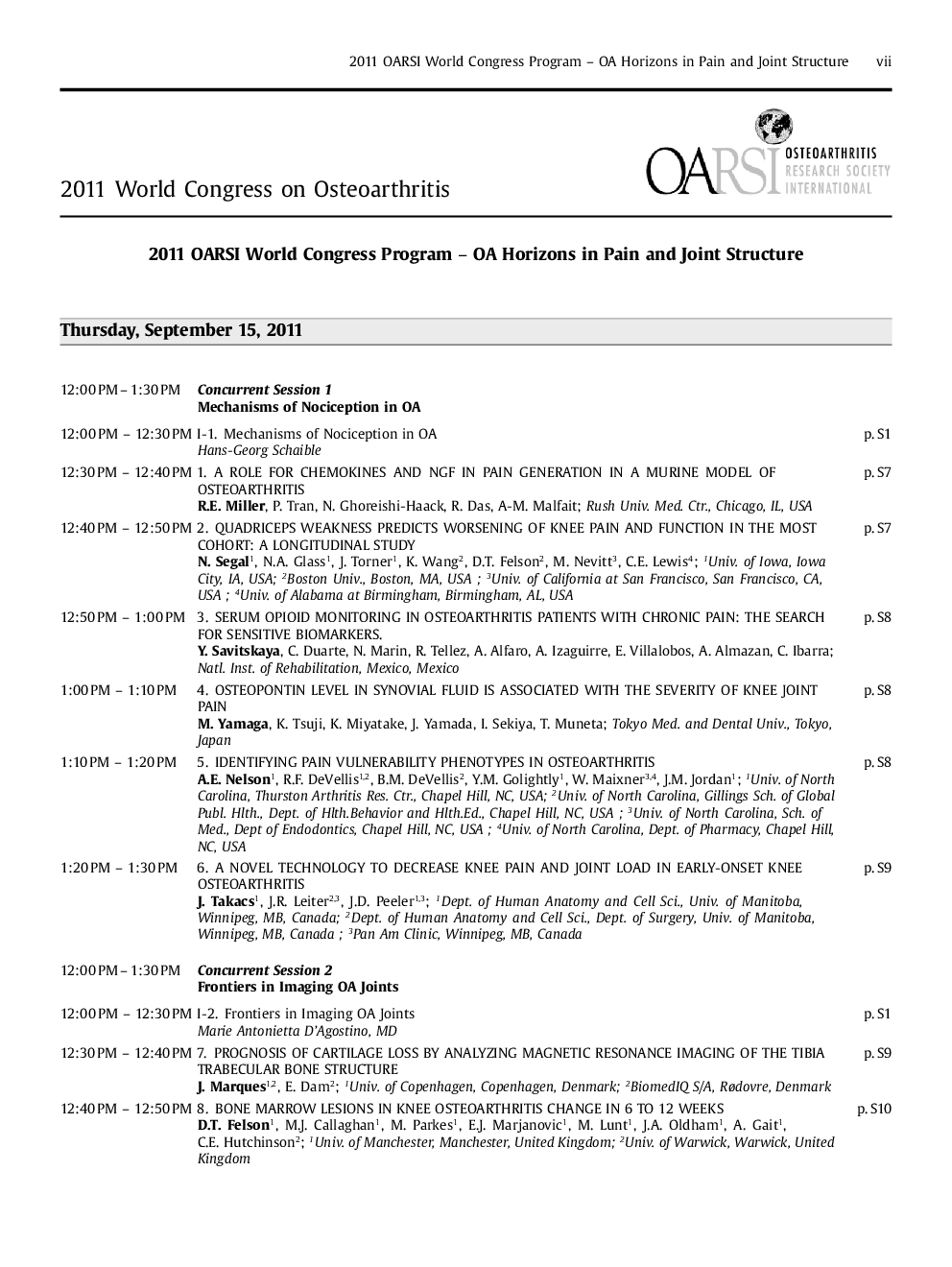 2011 OARSI World Congress Program - OA Horizons in Pain and Joint Structure