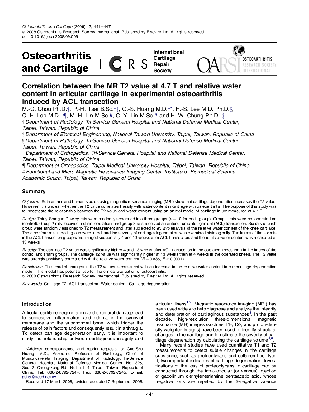 Correlation between the MR T2 value at 4.7 T and relative water content in articular cartilage in experimental osteoarthritis induced by ACL transection