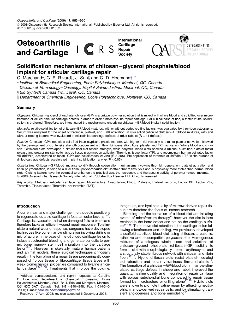 Solidification mechanisms of chitosan–glycerol phosphate/blood implant for articular cartilage repair