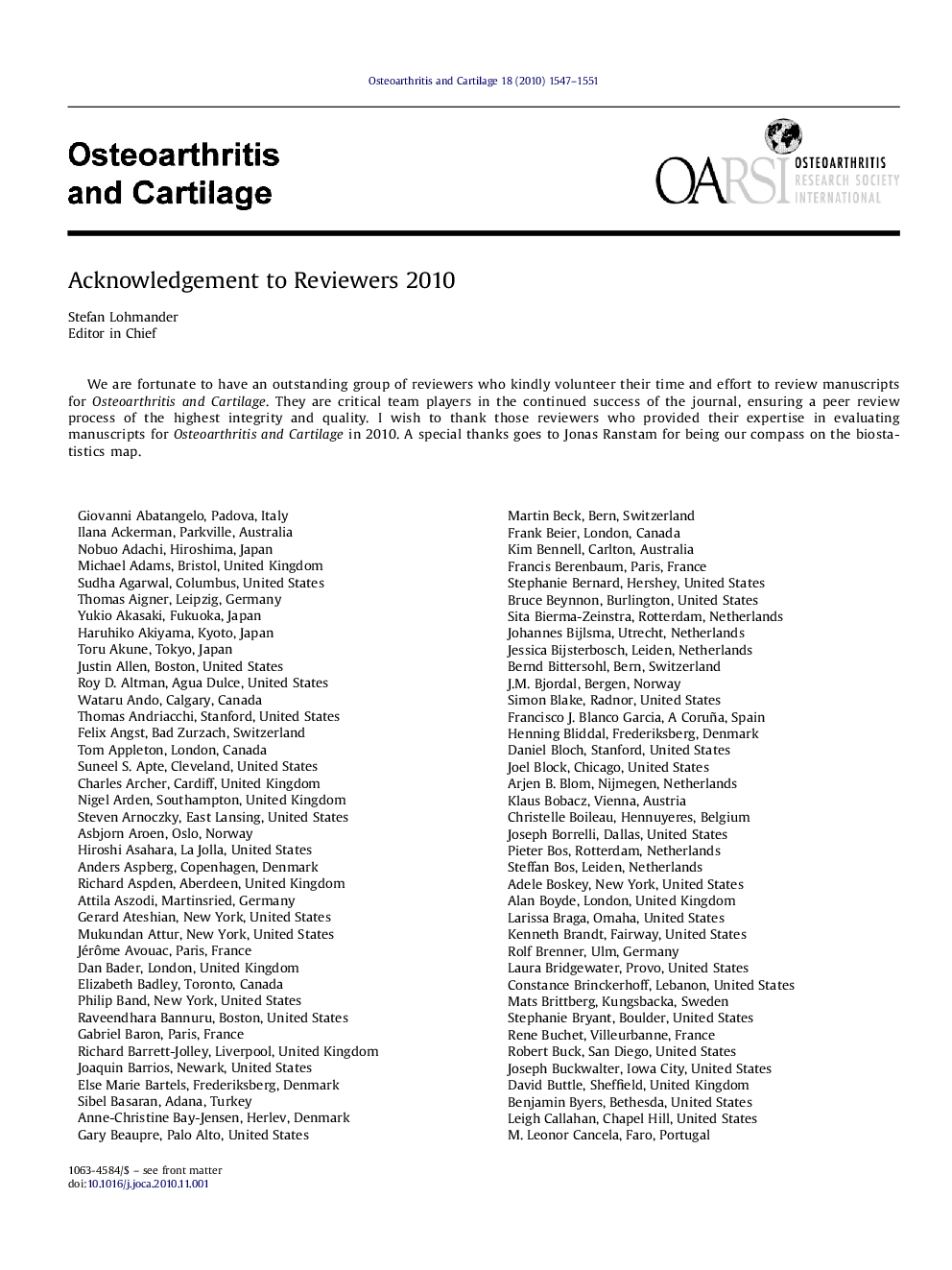 Acknowledgement to Reviewers 2010