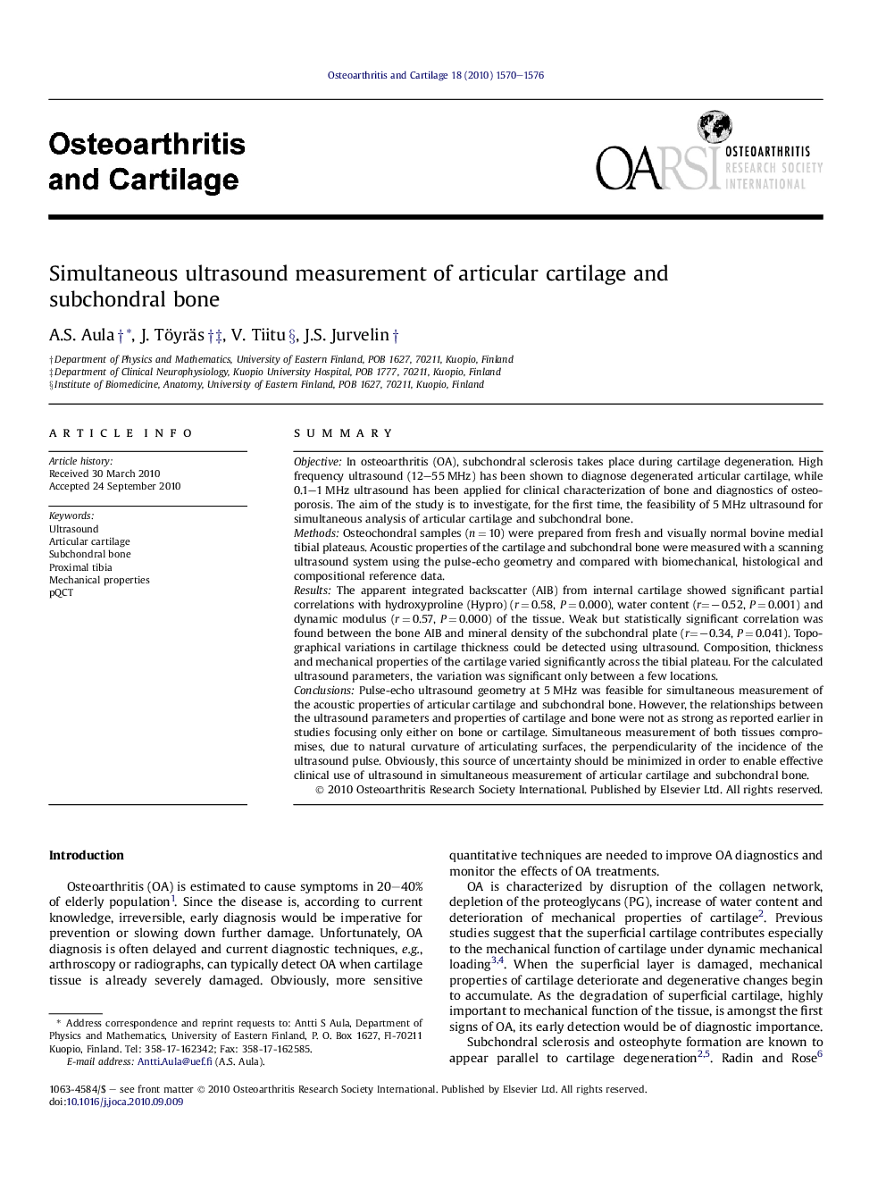 Simultaneous ultrasound measurement of articular cartilage and subchondral bone