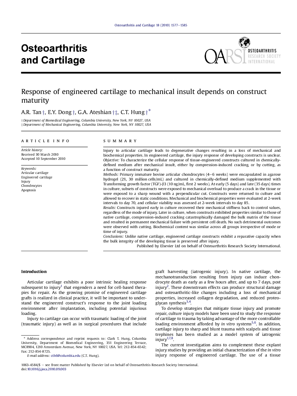 Response of engineered cartilage to mechanical insult depends on construct maturity