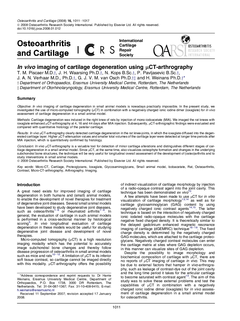 In vivo imaging of cartilage degeneration using μCT-arthrography