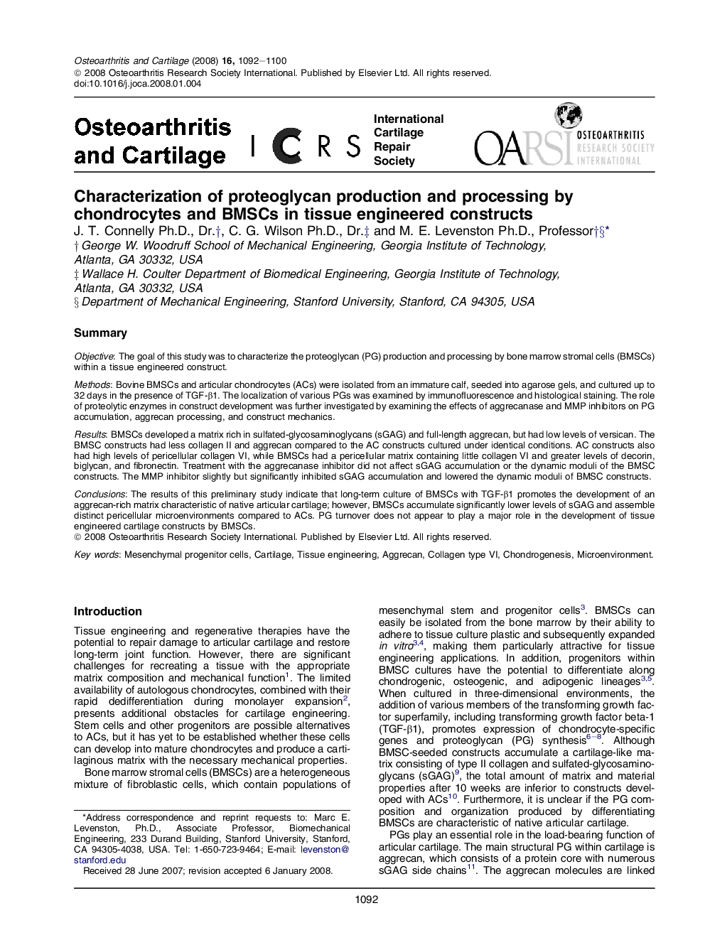 Characterization of proteoglycan production and processing by chondrocytes and BMSCs in tissue engineered constructs