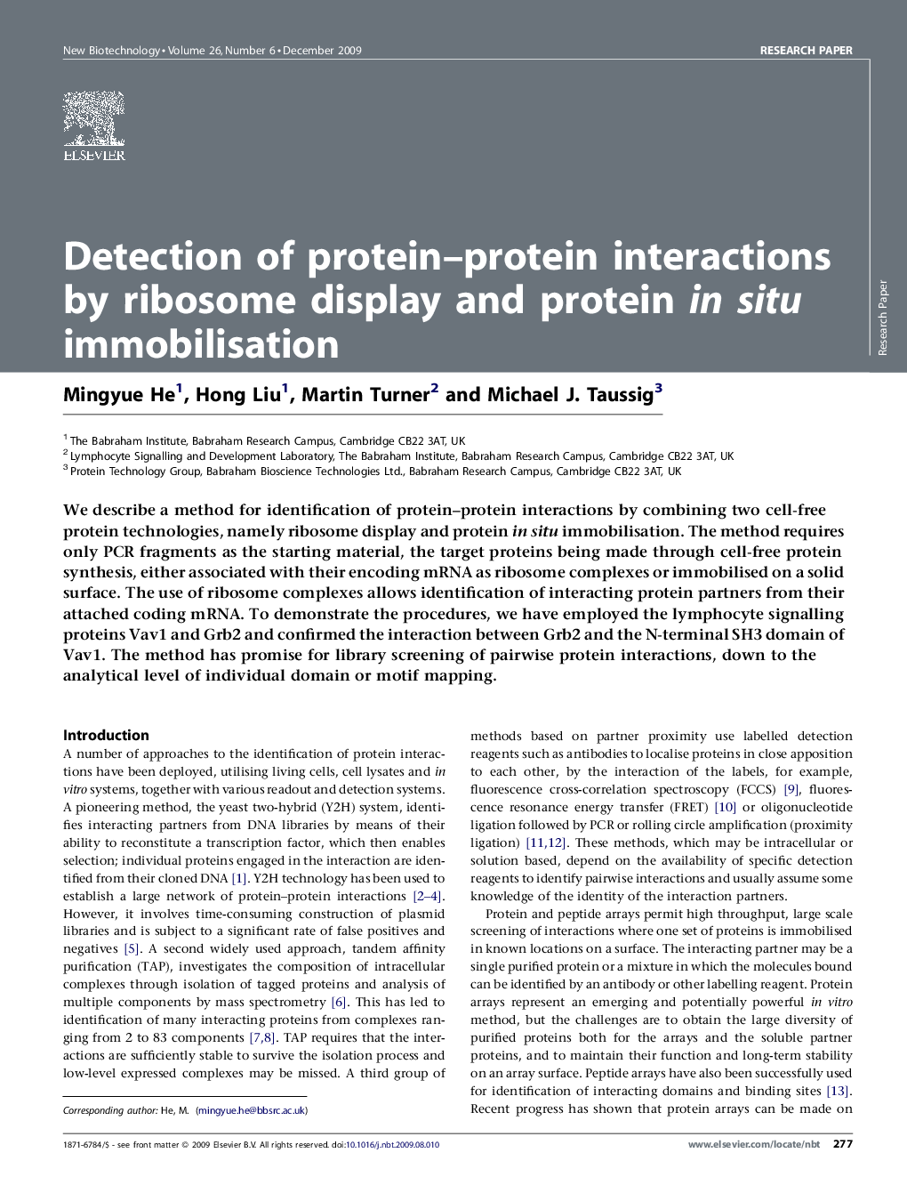 Detection of protein–protein interactions by ribosome display and protein in situ immobilisation