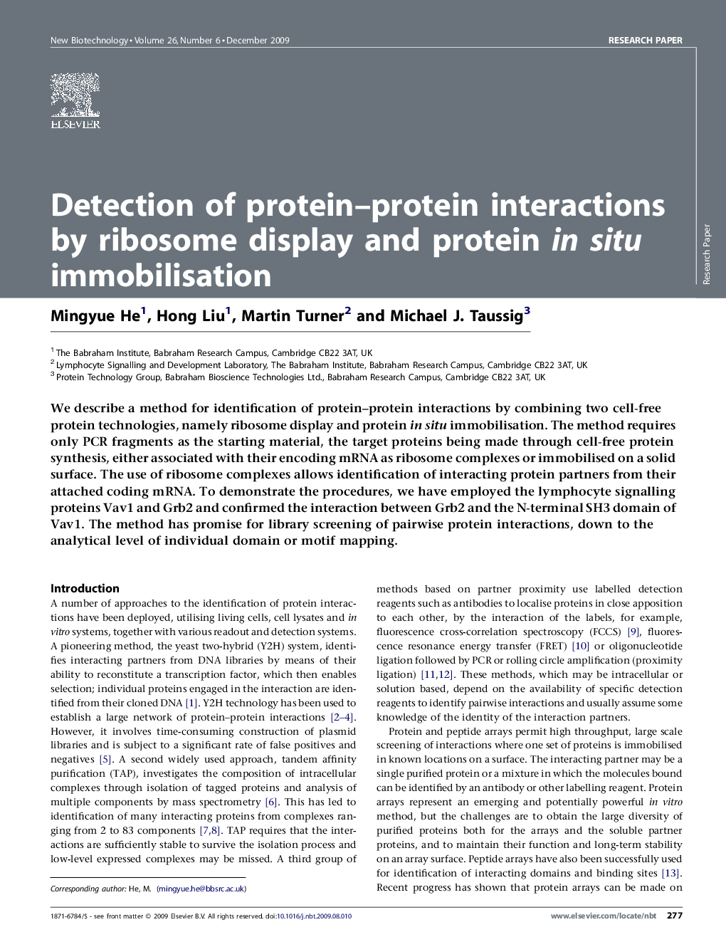 عکس صفحه اول مقاله: Detection of protein–protein interactions by ribosome display and protein in situ immobilisation Detection of protein–protein interactions by ribosome display and protein in situ immobilisation