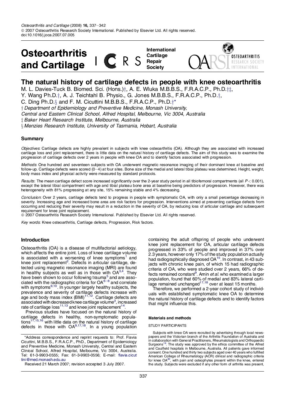 The natural history of cartilage defects in people with knee osteoarthritis