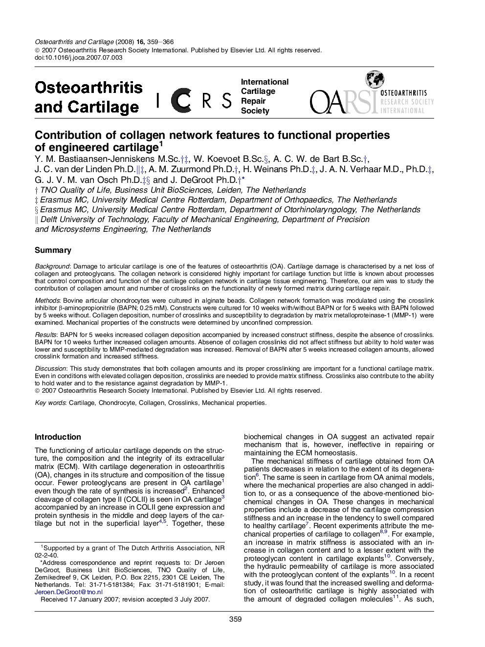 Contribution of collagen network features to functional properties of engineered cartilage 1