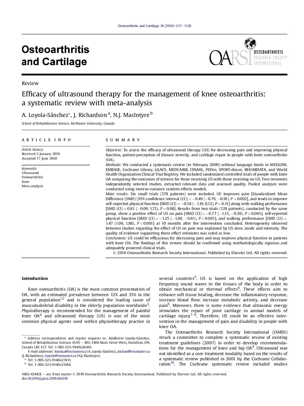 Efficacy of ultrasound therapy for the management of knee osteoarthritis: a systematic review with meta-analysis