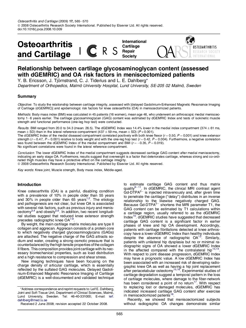 Relationship between cartilage glycosaminoglycan content (assessed with dGEMRIC) and OA risk factors in meniscectomized patients