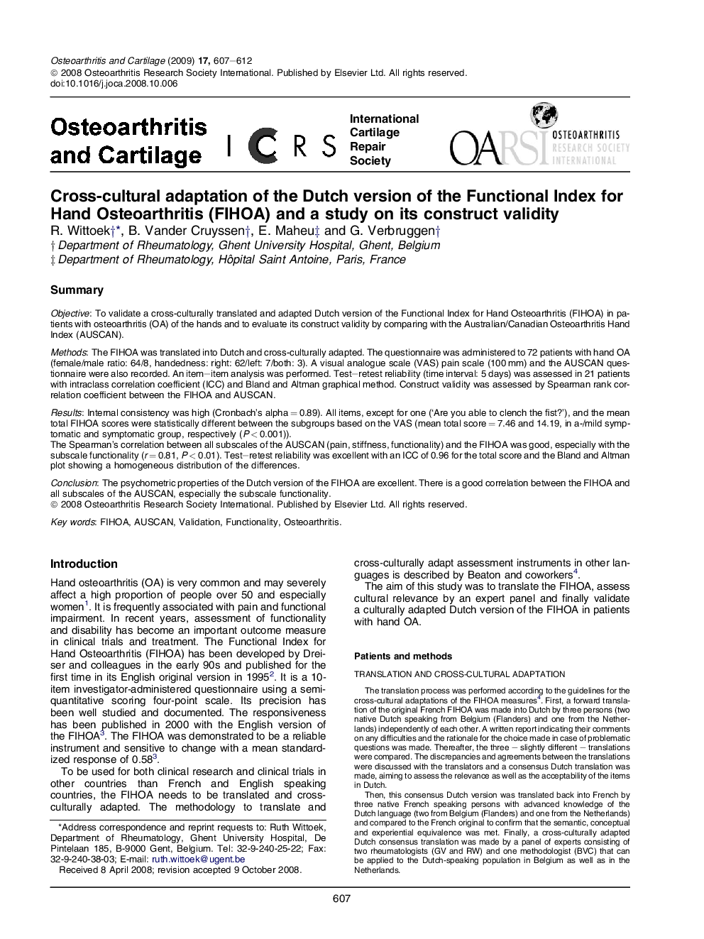 Cross-cultural adaptation of the Dutch version of the Functional Index for Hand Osteoarthritis (FIHOA) and a study on its construct validity