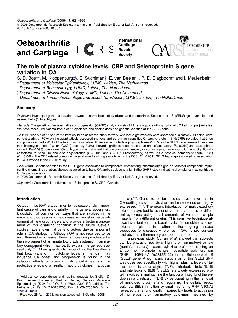 The role of plasma cytokine levels, CRP and Selenoprotein S gene variation in OA