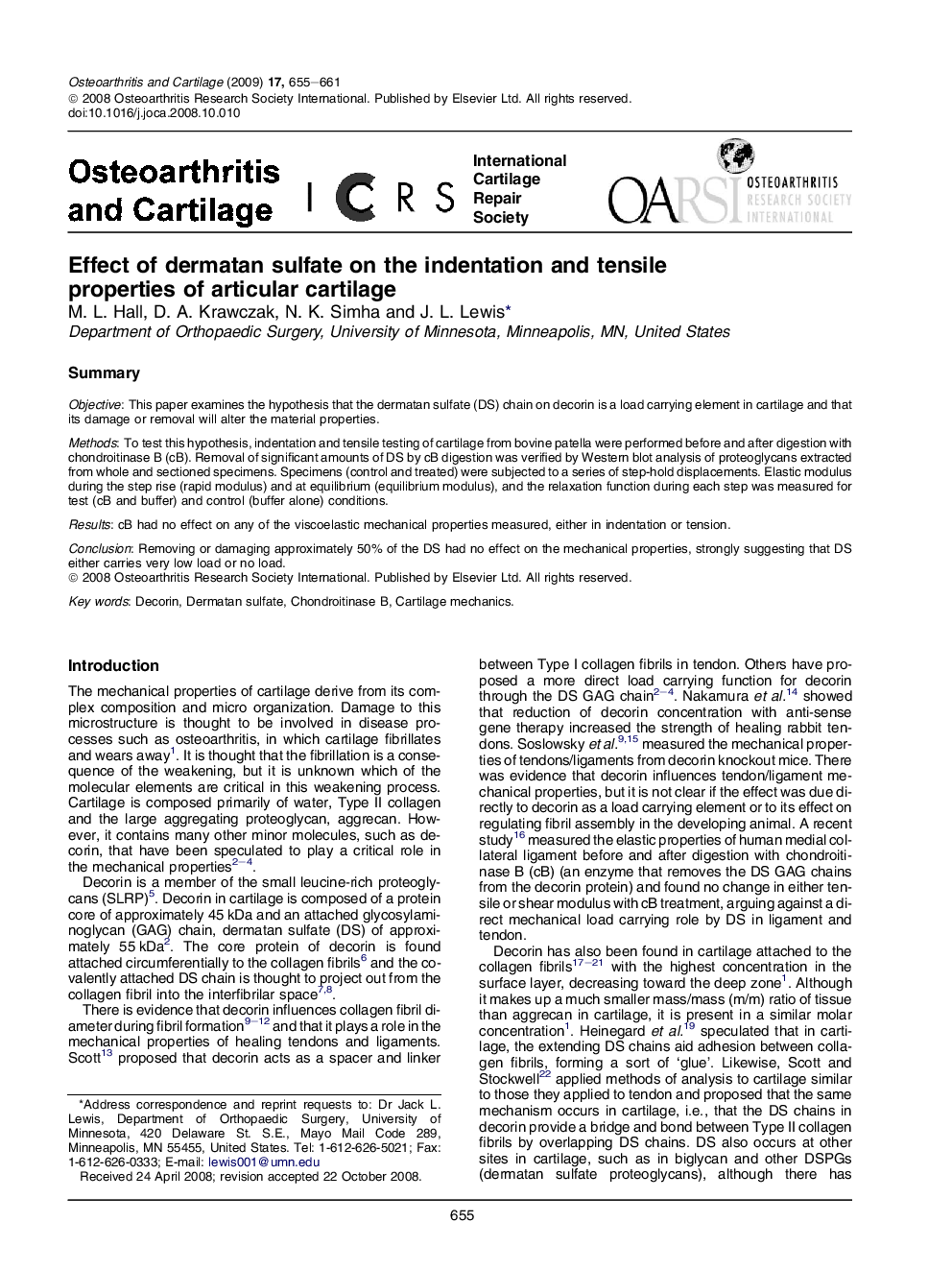 Effect of dermatan sulfate on the indentation and tensile properties of articular cartilage