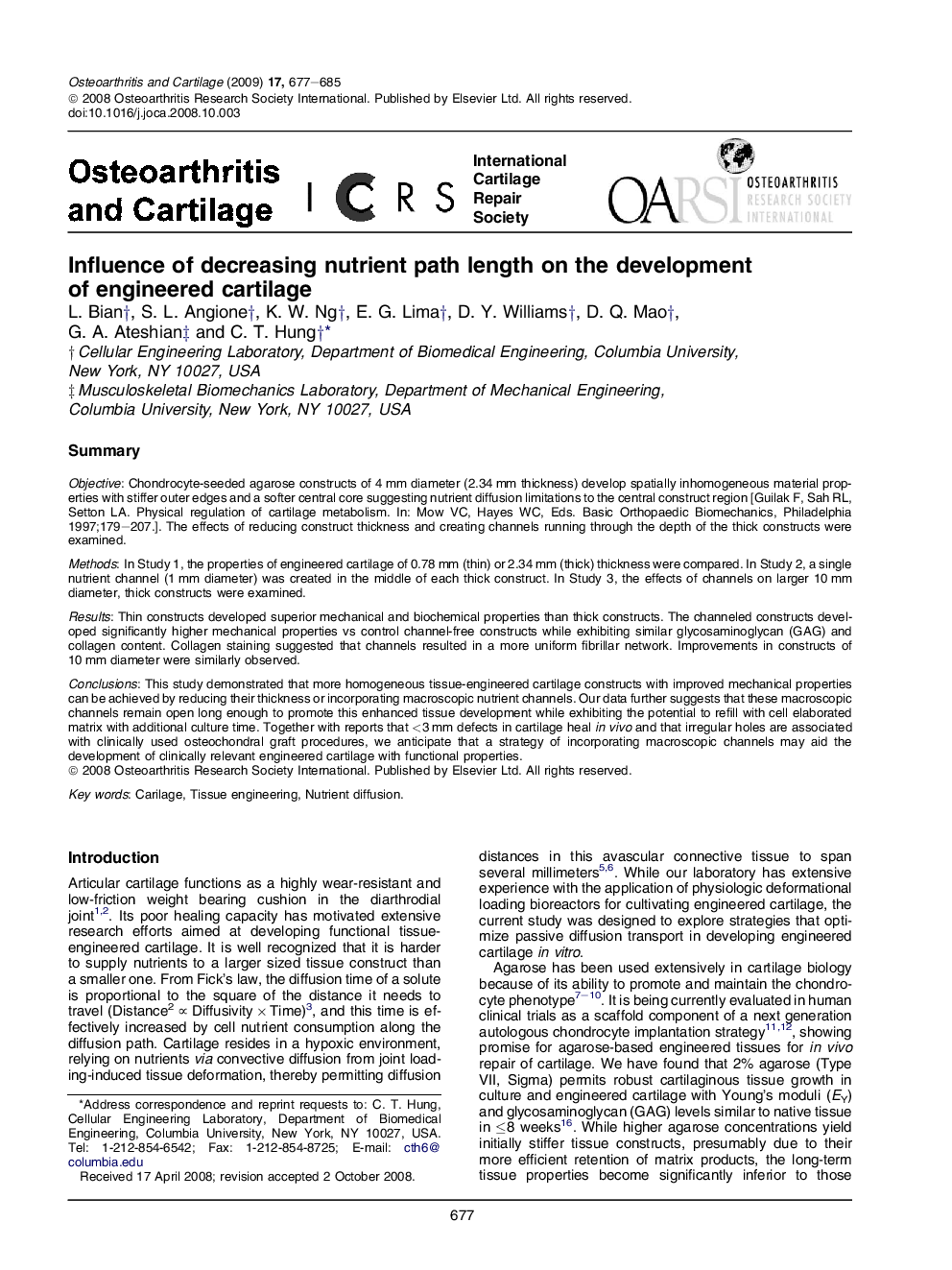 Influence of decreasing nutrient path length on the development of engineered cartilage