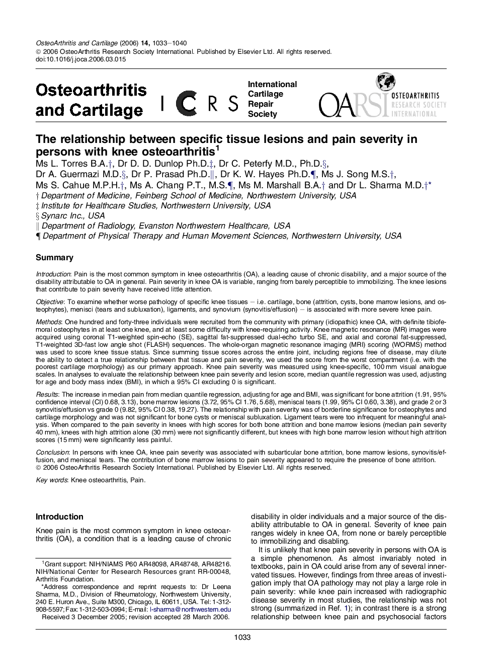 The relationship between specific tissue lesions and pain severity in persons with knee osteoarthritis 1