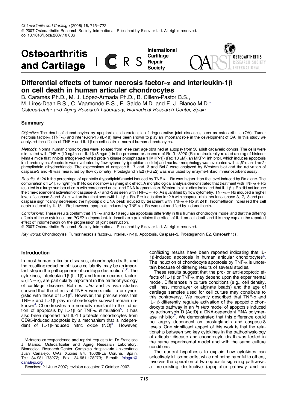 Differential effects of tumor necrosis factor-α and interleukin-1β on cell death in human articular chondrocytes