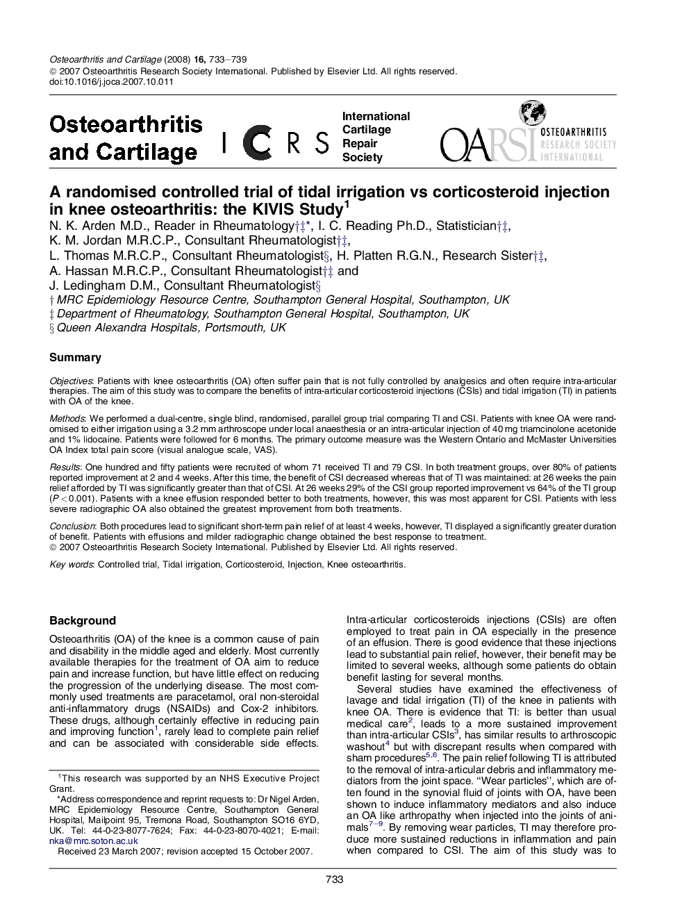 A randomised controlled trial of tidal irrigation vs corticosteroid injection in knee osteoarthritis: the KIVIS Study 1