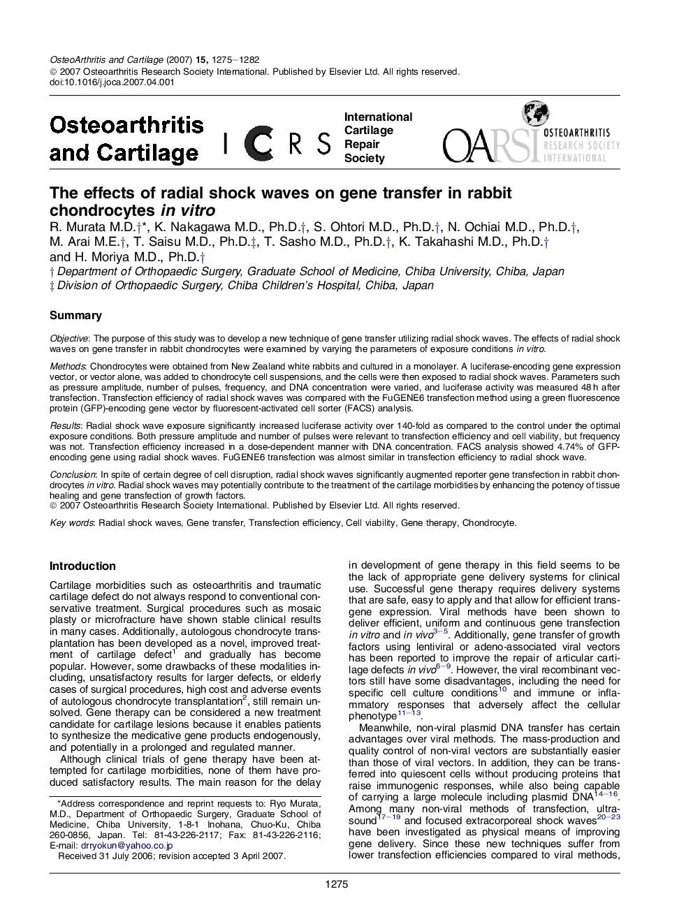 The effects of radial shock waves on gene transfer in rabbit chondrocytes in vitro