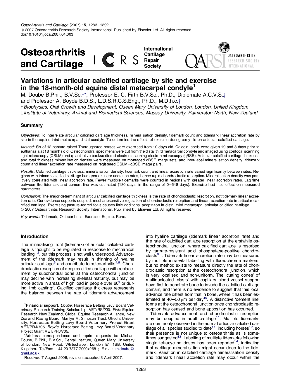 Variations in articular calcified cartilage by site and exercise in the 18-month-old equine distal metacarpal condyle 1