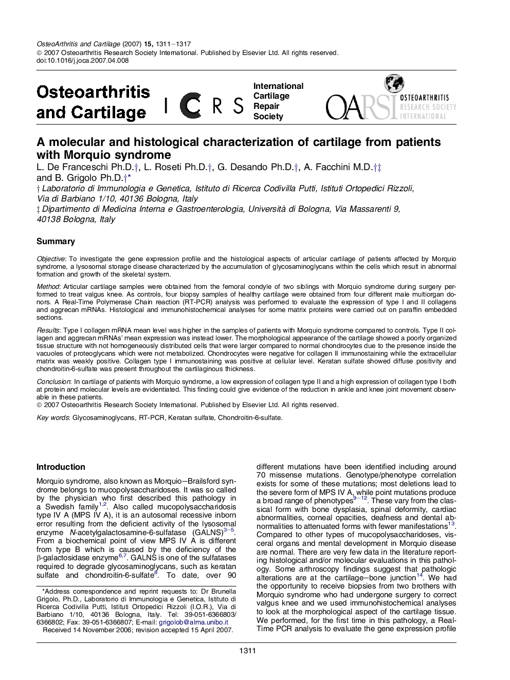 A molecular and histological characterization of cartilage from patients with Morquio syndrome