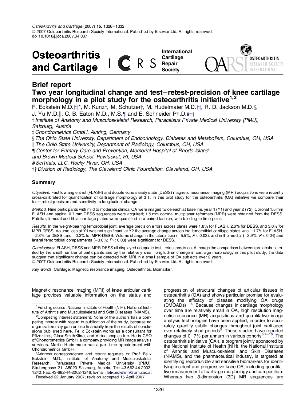 Two year longitudinal change and test–retest-precision of knee cartilage morphology in a pilot study for the osteoarthritis initiative 12