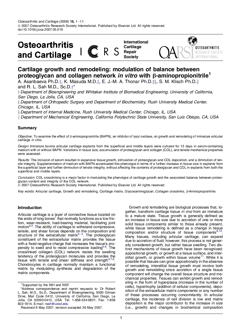 Cartilage growth and remodeling: modulation of balance between proteoglycan and collagen network in vitro with β-aminopropionitrile 1