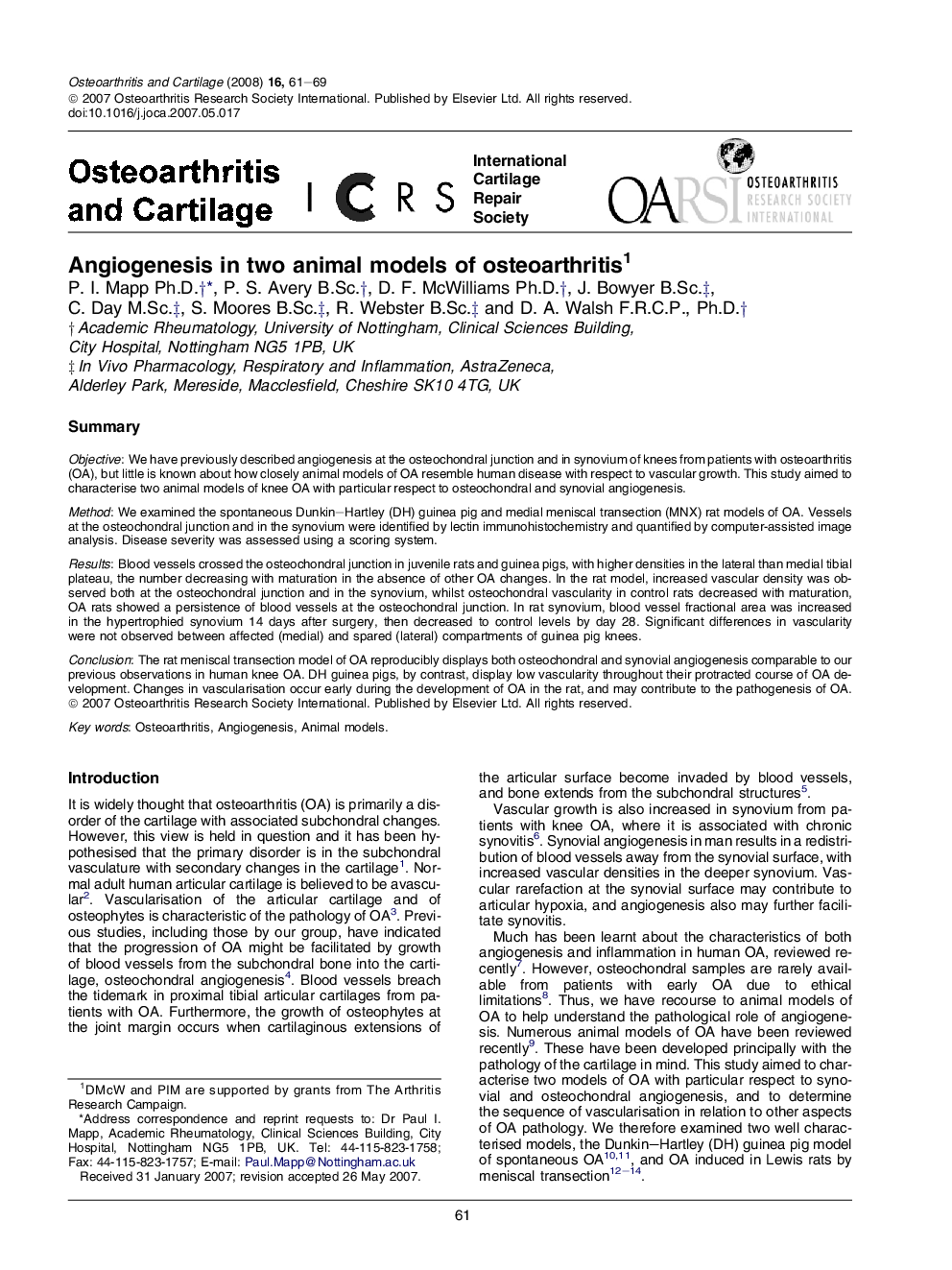 Angiogenesis in two animal models of osteoarthritis 1